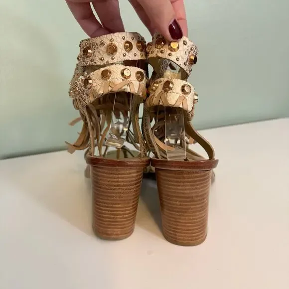 Ivy Kirzhner Sandals 9 Brown Snake Fringe Studded Hildagar Buckle Strappy Ankle